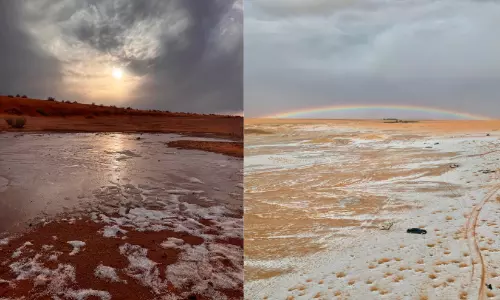 അ​ൽ ജൗ​ഫി​ൽ വെ​ള്ളി​പ്പ​ട്ടു​ടു​ത്ത മ​ണ​ൽ​ക്കു​ന്നു​ക​ൾ: അ​പൂ​ർ​വ   ദൃ​ശ്യ​വി​രു​ന്നൊ​രു​ക്കി ശൈ​ത്യ​കാ​ല മ​ഴ