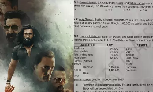 പരീക്ഷാ ഹാളിലും ധുരന്ധർ ഷോ! അക്കൗണ്ട്‌സ് പേപ്പറിൽ റഹ്മാൻ ഡാകൈറ്റും എസ്.പി ചൗധരി അസ്‌ലമും; ചോദ്യം കണ്ട് കണ്ണുതള്ളി വിദ്യാർഥികൾ