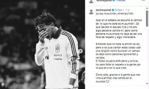 ഞാൻ ഒരു മുസ്ലിമാണ്, അൽഹംദുലില്ലാഹ്; എതിർ ടീമിനെ ഉദ്ദേശിച്ചാണെങ്കിലും മതത്തെ പരിഹസിക്കുന്നത് തികഞ്ഞ വംശീയത; ലമീൻ യമാൽ