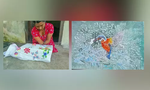 ഒറ്റ വിരലിൽ ചിത്രങ്ങൾ വരച്ച് ബി​ന്ദു; പ്രദർശനം ഇന്ന് തുടങ്ങും