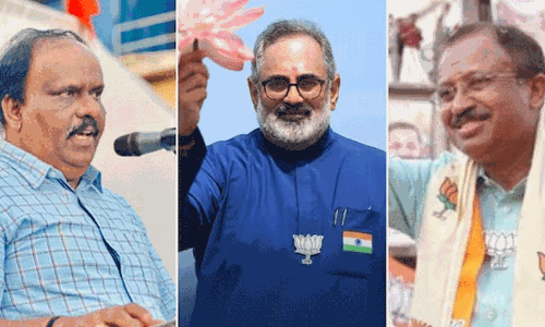 കേരളത്തിൽ ബി.ജെ.പിക്ക് ചരിത്ര മുന്നേറ്റം; മൂന്ന് സിറ്റുകളിൽ വിജയം; തലസ്ഥാനത്ത് വെന്നിക്കൊടി പാറിച്ച് രാജീവ് ചന്ദ്രശേഖറും മുരളീധരനും