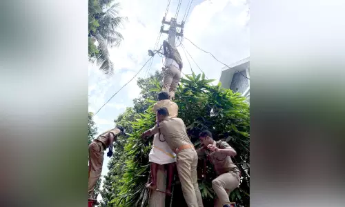 വൈദ്യുതിത്തൂണിൽ ബോധരഹിതനായി ലൈൻമാൻ; ഒടുവിൽ അഗ്നിരക്ഷസേന എത്തി രക്ഷിച്ചു വൈദ്യുതിത്തൂണിൽ ബോധരഹിതനായി ലൈൻമാൻ; ഒടുവിൽ അഗ്നിരക്ഷസേന എത്തി രക്ഷിച്ചു