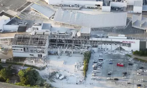 Aerial view of a shopping mall in Kumamoto that was damaged by the earthquake