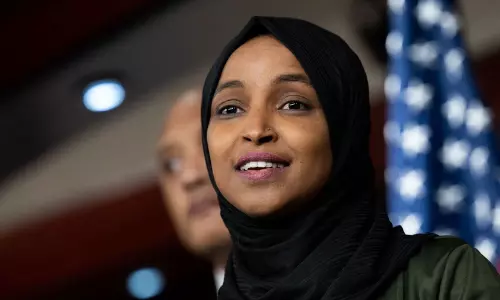 US Congresswoman Ilhan Omar addressing supporters at a campaign event