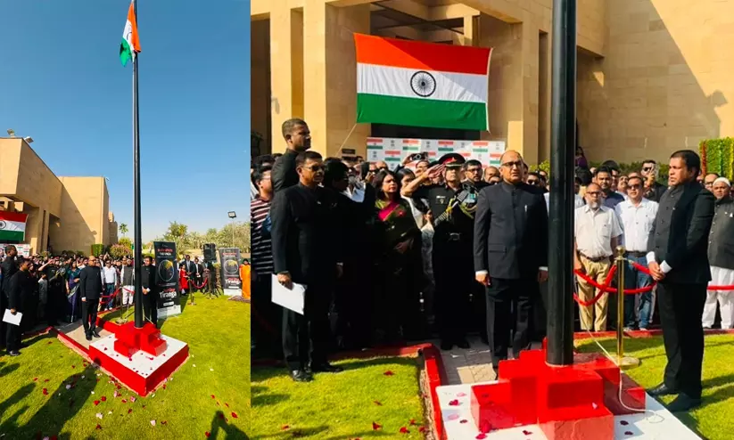 Ambassador Vipul hoists the national flag at the Indian Embassy in Riyadh Ambassador Vipul hoists the national flag at the Indian Embassy in Riyadh