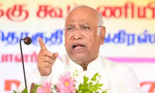 Congress President Mallikarjun Kharge addressing party leaders during the Congress Working Committee (CWC) meeting in New Delhi.