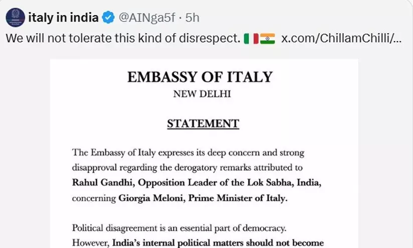 fact check screenshot exposing fake Italian embassy letter shared by Republic TV regarding Rahul Gandhi and Giorgia Meloni. fact check screenshot exposing fake Italian embassy letter shared by Republic TV regarding Rahul Gandhi and Giorgia Meloni.