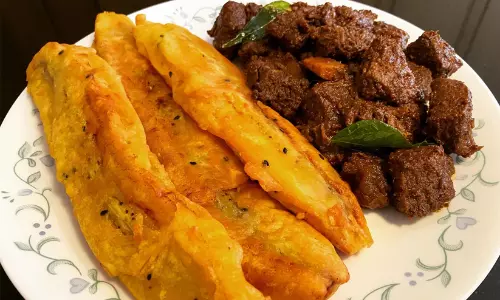 Traditional Kozhikode Pazhampori and Beef curry combo featured in BBC News India documentary.