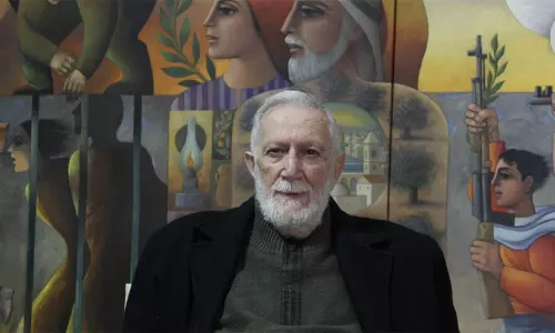 Iconic Palestinian painter and sculptor Sliman Mansour, known for portraying Palestinian resistance and identity. Iconic Palestinian painter and sculptor Sliman Mansour, known for portraying Palestinian resistance and identity.