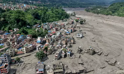 Satellite imagery and scientific representation of glacial collapse and flash flood in Nepal Himalayas.
