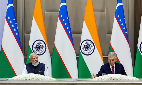 Prime Minister Narendra Modi and Uzbek President Shavkat Mirziyoyev during bilateral talks in Tashkent.