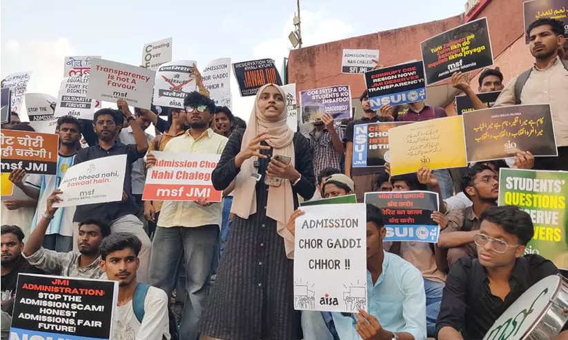 Student organizations staging a sit-in protest outside the DSW office at Jamia Millia Islamia campus in New Delhi. Student organizations staging a sit-in protest outside the DSW office at Jamia Millia Islamia campus in New Delhi.