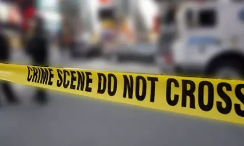 Police crime tape and representational image of Tamil Nadu police investigating a murder scene in Pudukkottai.