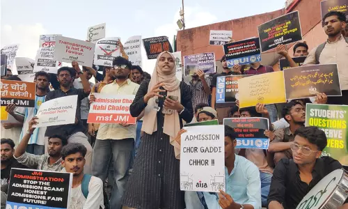 Student organizations staging a sit-in protest outside the DSW office at Jamia Millia Islamia campus in New Delhi.