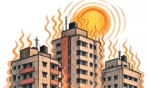 Aerial view of a dense concrete urban landscape in Kerala experiencing intense heat and rising temperatures. Aerial view of a dense concrete urban landscape in Kerala experiencing intense heat and rising temperatures.