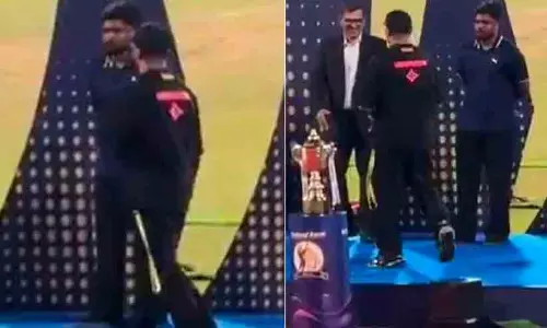 Sanju Samson and S. Sreesanth during the Kerala Cricket League final presentation ceremony