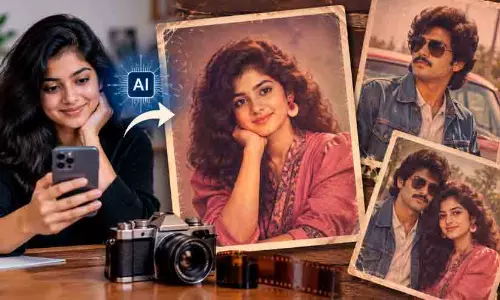A smartphone showing a modern selfie converted into an authentic 1980s vintage photo using AI prompts.