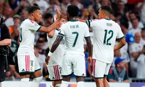 Kylian Mbappe celebrates his goal for Real Madrid against Inter Milan at Santiago Bernabeu