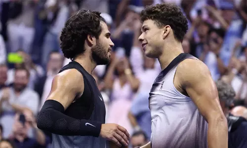 Ben Shelton celebrates the match-winning 146 mph ace against Carlos Alcaraz at Arthur Ashe Stadium. Ben Shelton celebrates the match-winning 146 mph ace against Carlos Alcaraz at Arthur Ashe Stadium.