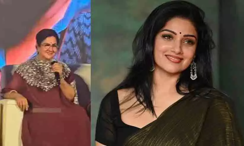Actresses Urvashi and Avanthika Mohan in a collage representing the controversy over English language usage in film promotions Actresses Urvashi and Avanthika Mohan in a collage representing the controversy over English language usage in film promotions