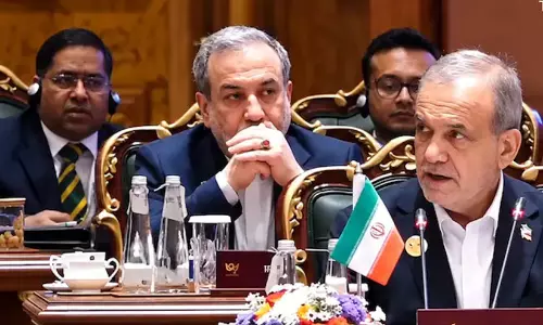 Screengrab of MEA spokesperson Randhir Jaiswal seated during the BRICS summit session in New Delhi.