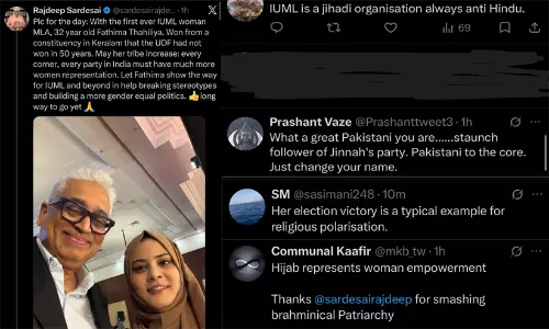 Screenshot of Rajdeep Sardesais post with Fathima Thahiliya surrounded by social media reaction symbols. Screenshot of Rajdeep Sardesais post with Fathima Thahiliya surrounded by social media reaction symbols.