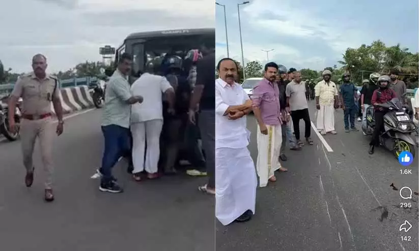 Kerala opposition leader V.D. Satheesan assisting an injured biker involved in a road accident on the Kochi Container Terminal Road Kerala opposition leader V.D. Satheesan assisting an injured biker involved in a road accident on the Kochi Container Terminal Road