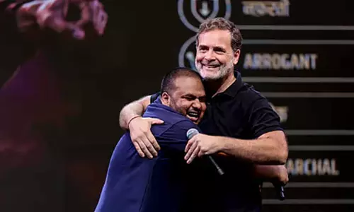 Pulkit Mani performing stand-up comedy and political satire, mimicking PM Modi alongside Rahul Gandhi