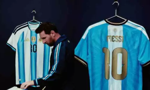 Lionel Messi wearing the special gold and blue jersey for his final international match with Argentina against Benin Lionel Messi wearing the special gold and blue jersey for his final international match with Argentina against Benin