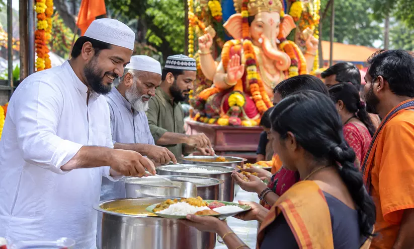 ഗണേശോത്സവ ഭക്തർക്ക് മുസ്ലിം യുവാക്കളുടെ ഭക്ഷണവിതരണം ഗണേശോത്സവ ഭക്തർക്ക് മുസ്ലിം യുവാക്കളുടെ ഭക്ഷണവിതരണം