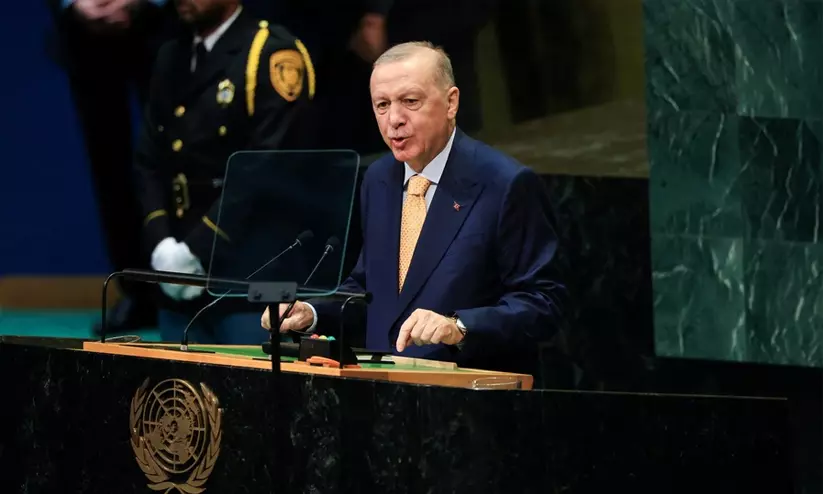 Turkish President Recep Tayyip Erdogan addressing the United Nations General Assembly in New York. Turkish President Recep Tayyip Erdogan addressing the United Nations General Assembly in New York.