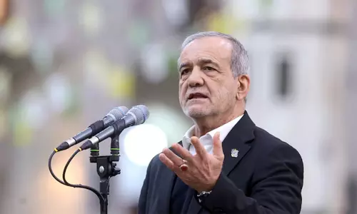 Iranian President Masoud Pezeshkian speaking