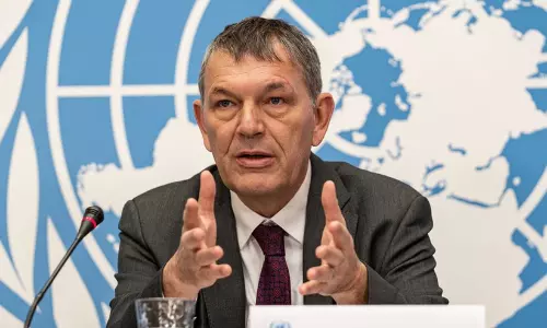 Former UNRWA Commissioner-General Philippe Lazzarini speaking about the humanitarian crisis and rebuilding efforts in Gaza.