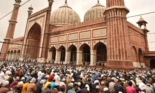 People gathered outside Delhis Jama Masjid in an act of community solidarity and support.