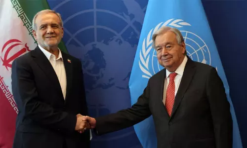 Iranian President Masoud Pezeshkian in a bilateral discussion with UN Secretary-General Antonio Guterres.