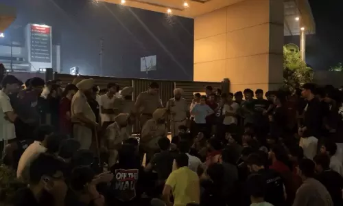Police vehicle damaged during late-night student protests over fake ghost and suicide rumors at a private university in Patiala Police vehicle damaged during late-night student protests over fake ghost and suicide rumors at a private university in Patiala
