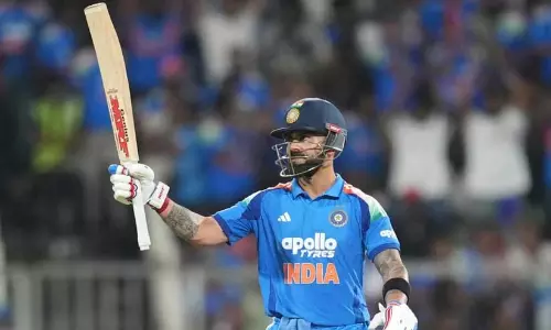 Virat Kohli celebrating after completing 15,000 runs in ODI cricket at Greenfield Stadium