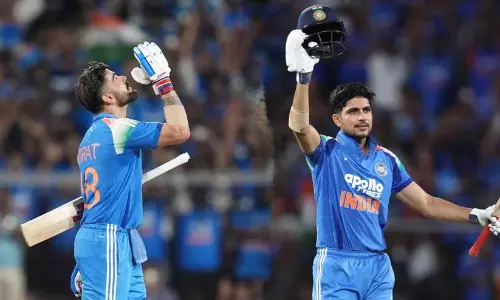 Virat Kohli and Shubman Gill celebrating their centuries during the ODI match at Greenfield Stadium