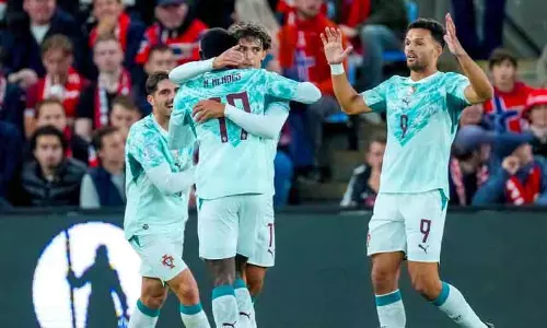 Goncalo Ramos celebrating his goal for Portugal against Norway in the UEFA Nations League