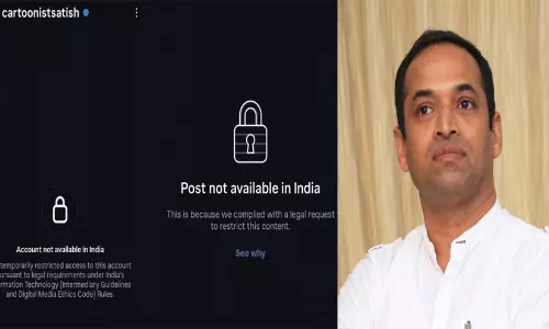 A screenshot of the restricted notice displayed on editorial cartoonist Satish Acharyas Instagram profile in India.
