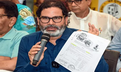 Jan Suraaj founder Prashant Kishor addressing media representatives during a press conference in Patna.