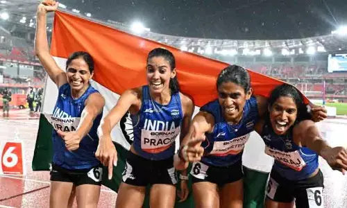 Indian womens 4x400m relay team celebrating their historic gold medal win at the Asian Games Indian womens 4x400m relay team celebrating their historic gold medal win at the Asian Games
