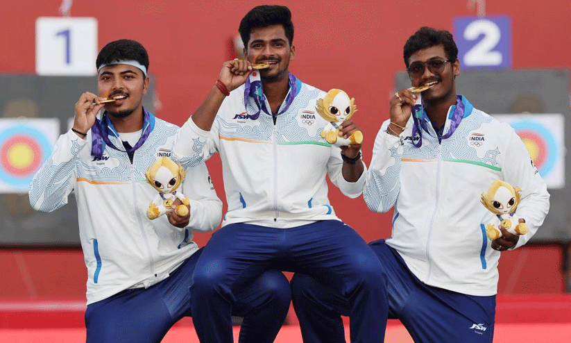 Indian mens compound archery team celebrating their gold medal win against China at the Asian Games Indian mens compound archery team celebrating their gold medal win against China at the Asian Games