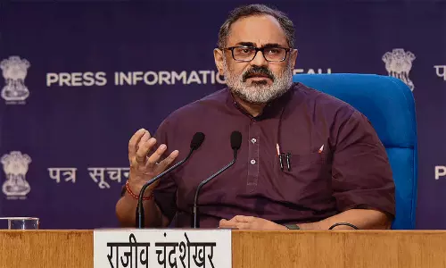 BJP senior leader Rajeev Chandrasekhar addressing a press conference at the party headquarters in New Delhi.