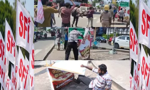 കോടിയേരിയുടെ ഫ്ലക്സ് കീറിയതിൽ വിശദീകരണവുമായി എസ്.എഫ്.ഐ; ‘ഈ വ്യക്തി എങ്ങനെ പ്രകടനത്തിൽ എത്തിയെന്ന് പരിശോധിക്കും’