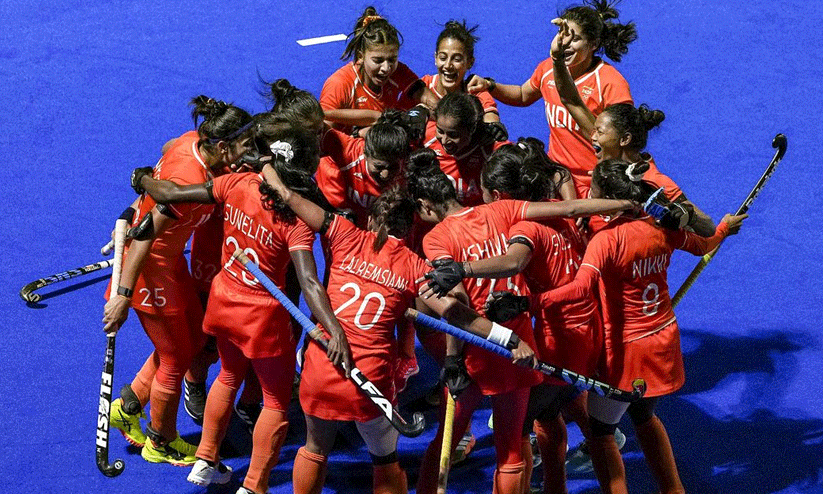 Indian womens hockey team celebrating Asian Games gold medal victory against China in Nagoya Indian womens hockey team celebrating Asian Games gold medal victory against China in Nagoya