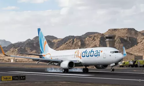 A flydubai Boeing 737 aircraft on the tarmac at Tabuk airport in Saudi Arabia following the emergency diversion. A flydubai Boeing 737 aircraft on the tarmac at Tabuk airport in Saudi Arabia following the emergency diversion.