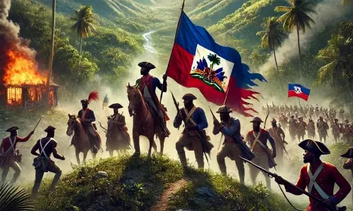 Historic and contemporary imagery representing the struggle of the Haitian people against colonial exploitation and ongoing violence.