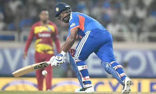 Sanju Samson playing a shot during his brilliant 82-run knock against West Indies in the second T20I at Ranchi