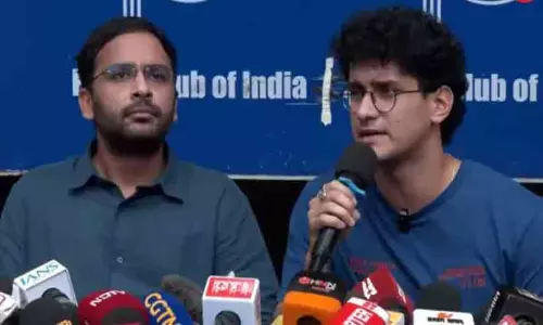 Cockroach Janta Party (CJP) leaders addressing a press conference in New Delhi following their release from police custody.